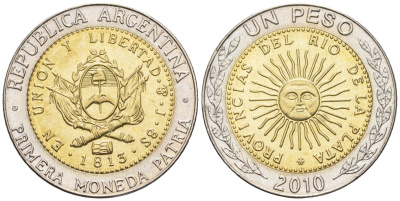 Аргентина 1 песо 2010 E, майское солнце, 8 эскудо 1813 KM 112.1, CJ 6.17, Schon 113 биметалл    60-837