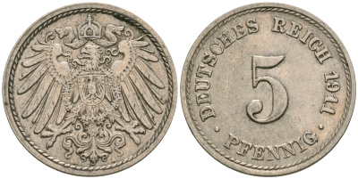 Германия 5 пфеннигов 1911 A KM 11, J. 12, Weege 6 медно-никель 4608-943