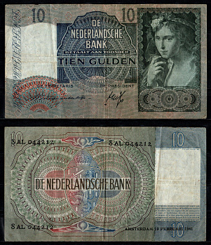 Нидерланды 10 гульденов 1941 "Прекрасная пастушка" (Паулюс Морельс) Pick 56 a бумага 8592-23-1-1
