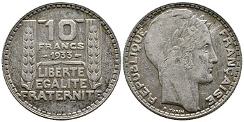 Франция 10 франков 1933 Пьер Тюрен KM 878, Le Franc 360.6 серебро 61-111