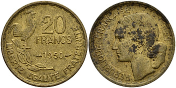 Франция 20 франков 1950 B, петух KM 917.1 алюминиевая бронза 4150-845