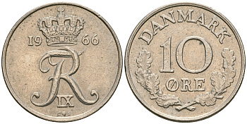 Дания 10 эре 1966 С; S, Фредерик IX (1947-1972) KM 849.1 медно-никель 08-1439