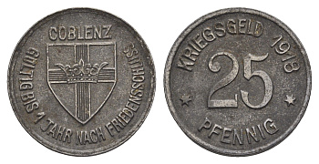 Кобленц 25 пфеннигов 1918 Funck 80.2, Men05 4526.4, Men18 5727.4 железо 4548-1124