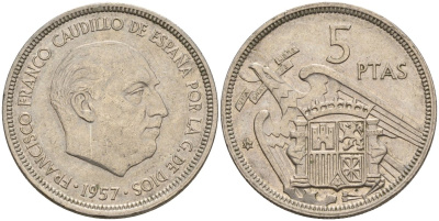 Испания 5 песет 1957 (74) Франсиско Франко (1939 - 1975) KM 786 медно-никель 4155-613