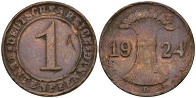 Германия 1 рентенпфенниг 1924 D KM 30 бронза 4549-825