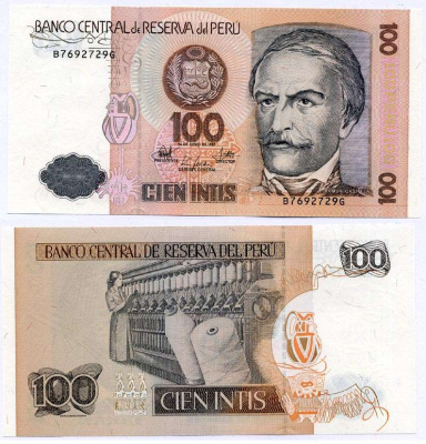 Перу 100 инти 1987 Рамон Кастилья, прядильная машина Pick 133 бумага UNC (пресс) 6262-7-2-2