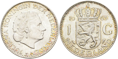Нидерланды 1 гульден 1965 Юлиана (1948-1980) KM 184 серебро 4126-1151