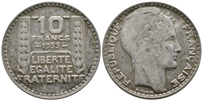 Франция 10 франков 1933 Пьер Тюрен KM 878, Le Franc 360.6 серебро 61-111