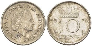 НИДЕРЛАНДЫ 10 ЦЕНТОВ 1974 ЮЛИАНА (1948-1980) KM 182 никель 116-559