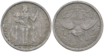 Французская Новая Каледония 1 франк 1977 птица кагу, (IEOM) KM 10, Schoen 10, Lec 40 алюминий    51-931