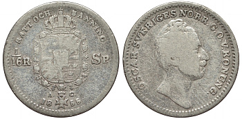 Швеция 1/16 риксдалера 1855 AG, Оскар I (1844-1859) KM 665 серебро 4556-133
