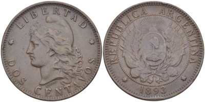 Аргентина 2 сентаво 1893 голова свободы влево KM 8 бронза 4512-735