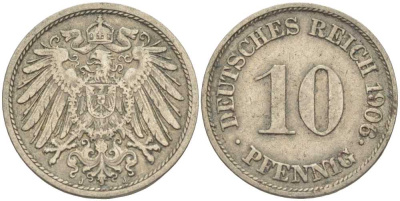 ГЕРМАНИЯ 10 ПФЕННИГОВ 1906 J KM 12, J. 13 медно-никель 34-852
