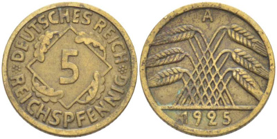 Германия 5 рейхспфеннигов 1925 A KM 39, J. 316, Weege 7 алюминиевая бронза 99-946