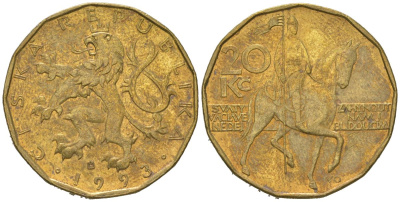 Чехия 20 крон 1993 HM, чешский лев, герцог Вацлав на коне KM 5 сталь плакированная латунью 4592-1155