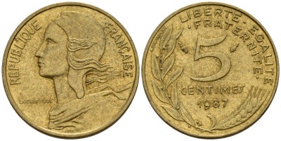 Франция 5 сантимов 1987 KM 933 алюминиевая бронза 4154-1063
