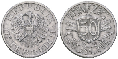 Австрия 50 грошей 1946 первый год KM 2870 алюминий 210-542