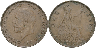 Великобритания 1 пенни 1934 Георг V (1910-1936) KM 838, Spink 4055 бронза    69-1041