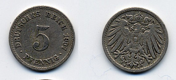 ГЕРМАНИЯ 5 ПФЕННИГОВ 1907 A, KM 11, J. 12 медно-никель 84-1513