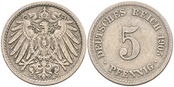 ГЕРМАНИЯ 5 ПФЕННИГОВ 1905 A, KM 11, J. 12 медно-никель 73-1756