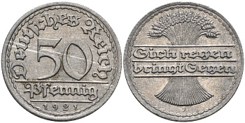 Германия 50 пфеннигов 1921 F KM 27, J.301, Weege 10 алюминий UNC 4584-742