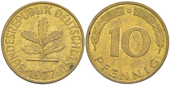 ФРГ 10 ПФЕННИГОВ 1977 G KM 108, J. 383 сталь плакированная латунью 4182-853