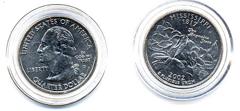США 25 центов = квотер 2002 D, серия штаты США, Миссисипи КМ 335 медь плакированная медно-никелем UNC 61-241