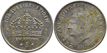 Швеция 1 крона 2003 Карл XVI Густав (1973- ) KM 894 медно-никель 4179-1243