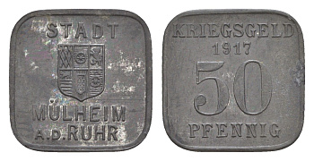 Мюльхайм-на-Руре 50 пфеннигов 1917 Funck 344.2, Men18 21515.1 цинк 1527-635