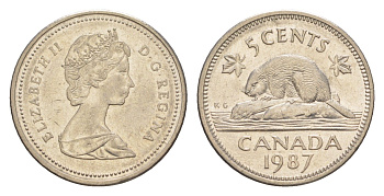 Канада 5 центов 1987 Елизавета II (1952-2022), бобр KM 60.2a медно-никель 4636-616