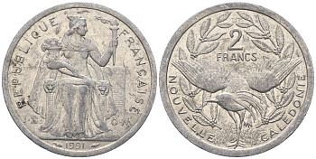 Французская Новая Каледония 2 франка 1991 птица кагу, (IEOM) KM 14, Schoen 11, Lec 67 алюминий    23-637