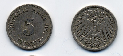 ГЕРМАНИЯ 5 ПФЕННИГОВ 1907 A, KM 11, J. 12 медно-никель 84-1513