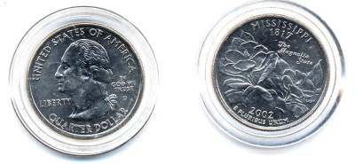 США 25 центов = квотер 2002 D, серия штаты США, Миссисипи КМ 335 медь плакированная медно-никелем UNC 61-241