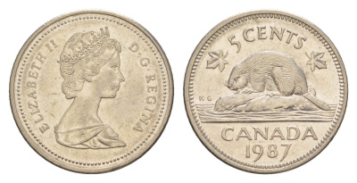 Канада 5 центов 1987 Елизавета II (1952-2022), бобр KM 60.2a медно-никель 4636-616