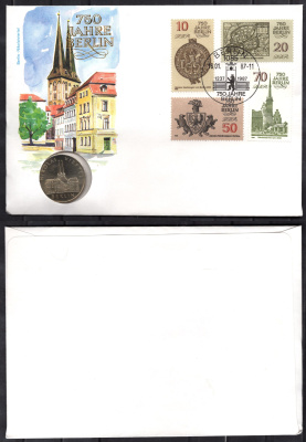 ГДР 5 марок 1987 750 лет Берлину, Квартал Николаи, в конверте с маркой (КПД - Конверт первого дня Гашения) KM 114 медь цинк никель UNC 9000-47