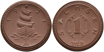 Саксония 1 марка 1921 парусник J. N 55 фарфор 1094-4-83