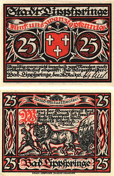 БАД-ЛИПШПРИНГЕ 25 ПФЕННИГОВ 1921 НОТГЕЛЬД, 28 МАЯ 1921, ЗЕМЛЯ СЕВЕРНЫЙ РЕЙН-ВЕСТФАЛИЯ Grabowski 805.1 бумага 8608-2-1-2