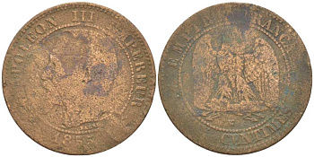 ФРАНЦИЯ 2 САНТИМА 1855 W, НАПОЛЕОН III (1852-1870) KM 776.7 бронза 210-1136