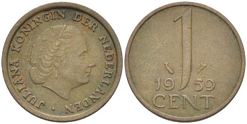 НИДЕРЛАНДЫ 1 ЦЕНТ 1959 ЮЛИАНА (1948-1980) KM 180 бронза 214-1028