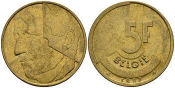 Бельгия 5 франков 1987 Belgie, Бодуэн I (1951-1993) KM 164 алюминиевая бронза 4601-314