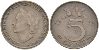 НИДЕРЛАНДЫ 5 ЦЕНТОВ 1948 ВИЛЬГЕЛЬМИНА (1890-1948) KM 176 бронза 212-1021