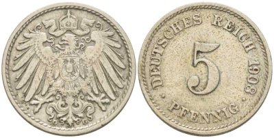 Германия 5 пфеннигов 1908 G KM 11, Jager 12, Weege 6 медно-никель 206-955