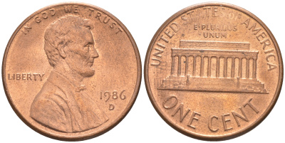 США 1 ЦЕНТ 1986 D KM 201b ЛИНКОЛЬН медь цинк UNC 187-719
