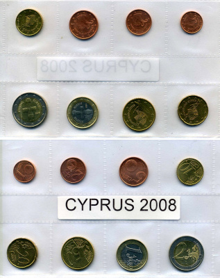 Кипр евронабор из 8 монет 2008 1, 2, 5, 10, 20, 50 евроцентов, 1, 2 евро биметалл UNC 966-3-2