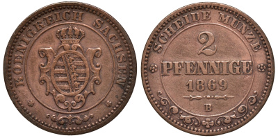 Саксония 2 пфеннига 1869 В, Иоганн (1854-1873) KM 1217, Jaeger 121, AKS 155 медь 75-161