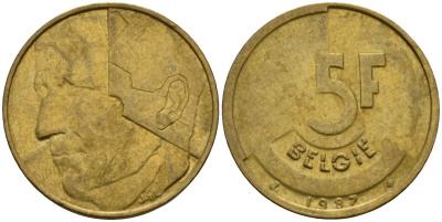 Бельгия 5 франков 1987 Belgie, Бодуэн I (1951-1993) KM 164 алюминиевая бронза 4601-314