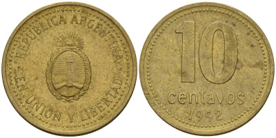 Аргентина 10 сентаво 1992 герб KM 107 алюминиевая бронза 4164-524