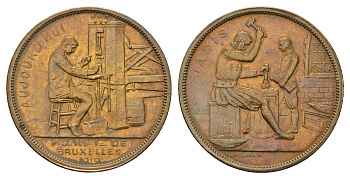 Бельгия медаль "чеканка монета" 1910 выставка в Брюсселе, диаметр 30 мм, вес 10,1 гр латунь 1530-825