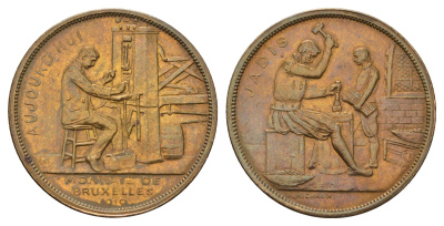 Бельгия медаль "чеканка монета" 1910 выставка в Брюсселе, диаметр 30 мм, вес 10,1 гр латунь 1530-825