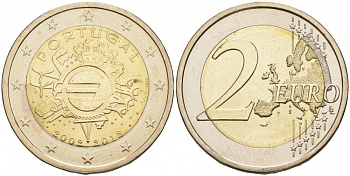 Португалия 2 евро 2012 10 лет монетарной политике и наличному евро, из ролла KM 812 биметалл UNC M6-15